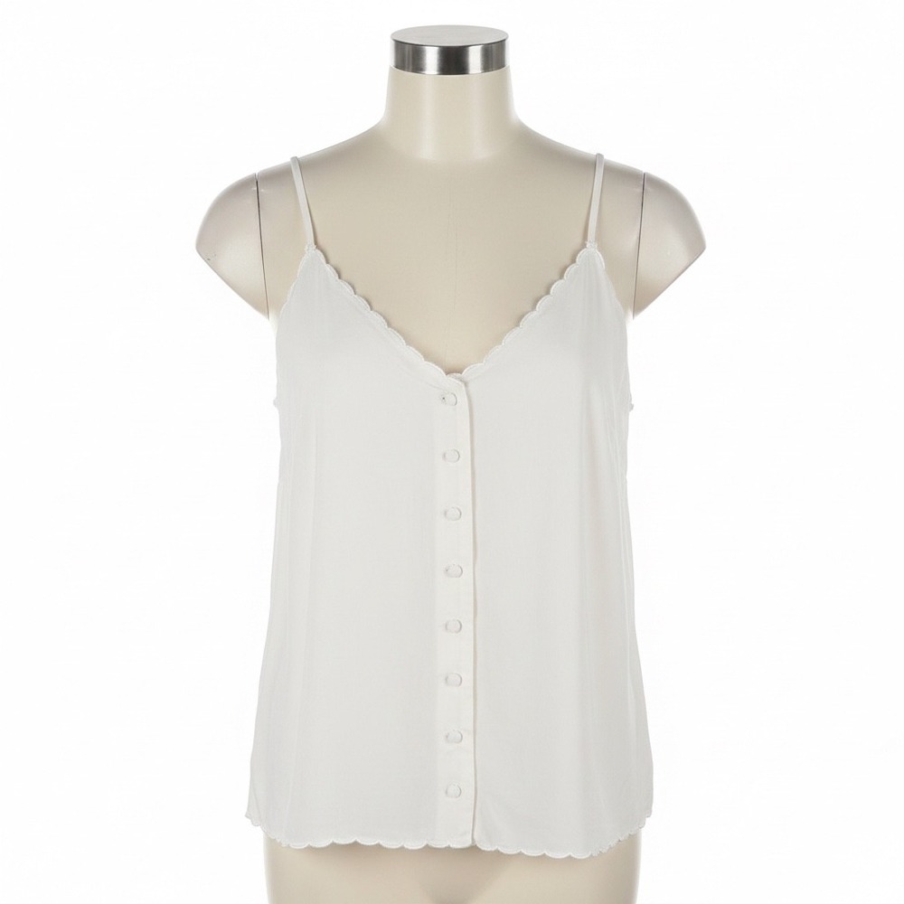 Superdry Blouse Womens 12 Cream Scalloped Button Front Camisole Tank Top Minimal